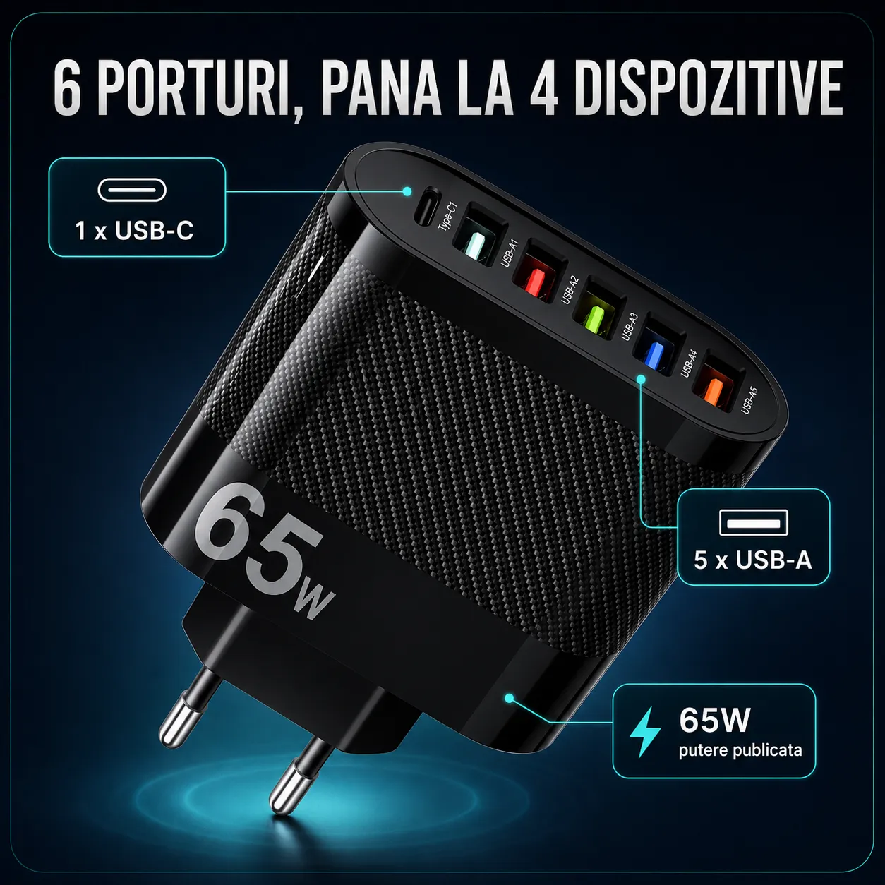 Încărcător rețea Timebox 65W 6 porturi Type-C USB negru rapid