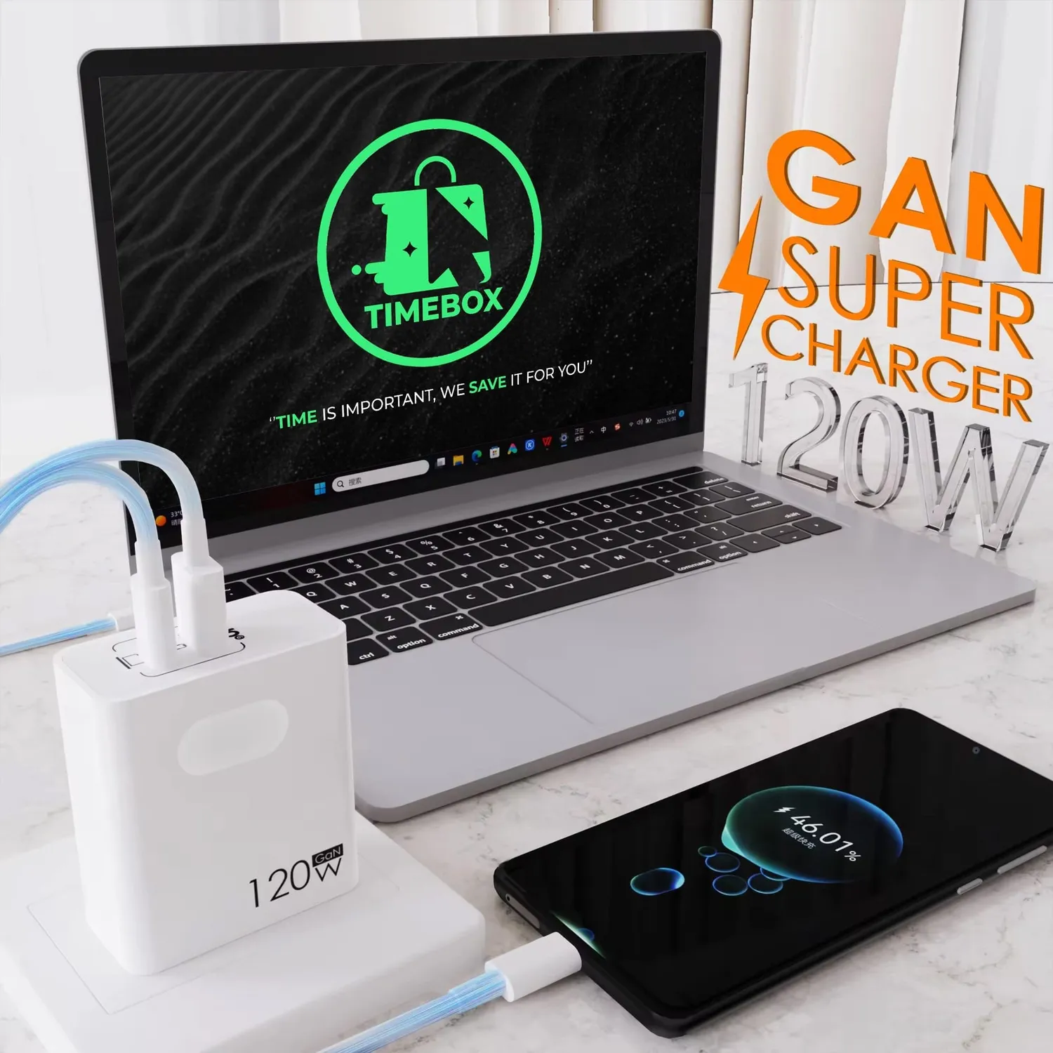 Timebox 120W incarcator retea 2 porturi alb fast charge