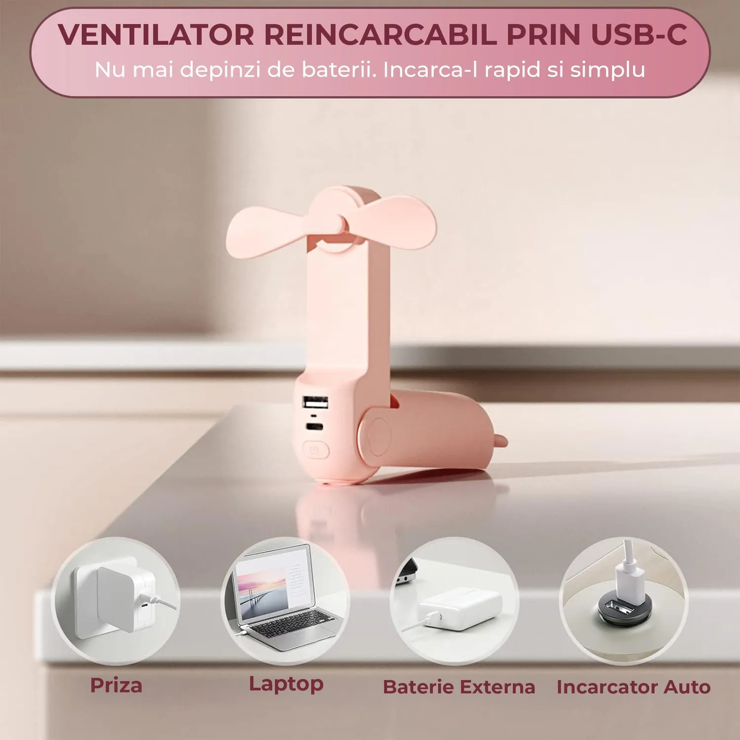 Timebox Mini Ventilator Portabil 3 în 1 USB Roz