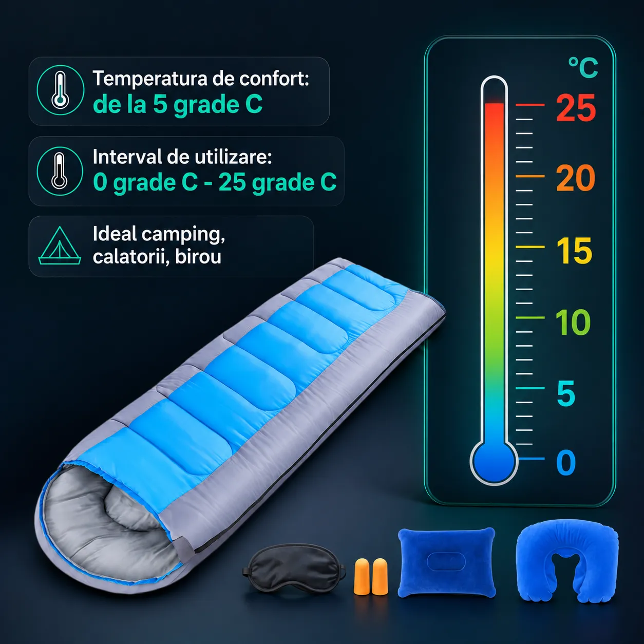 Timebox 1800g sac de dormit albastru set complet calduros