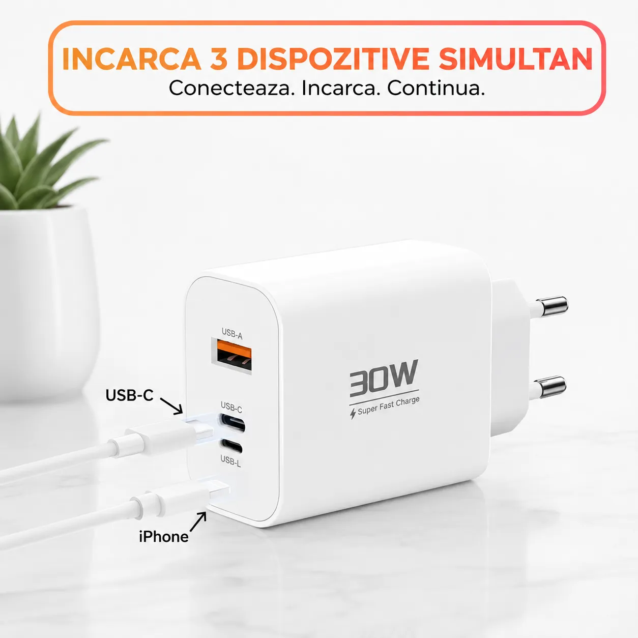Timebox incarcator retea 30W 3 porturi alb Type-C USB