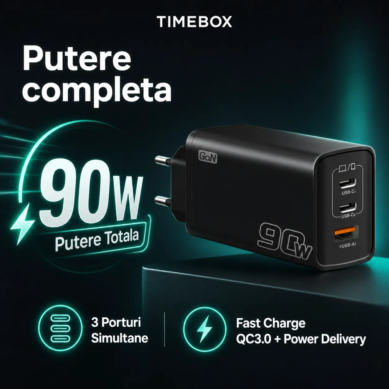 Incarcator retea Timebox 90W 3 porturi GaN fast charge