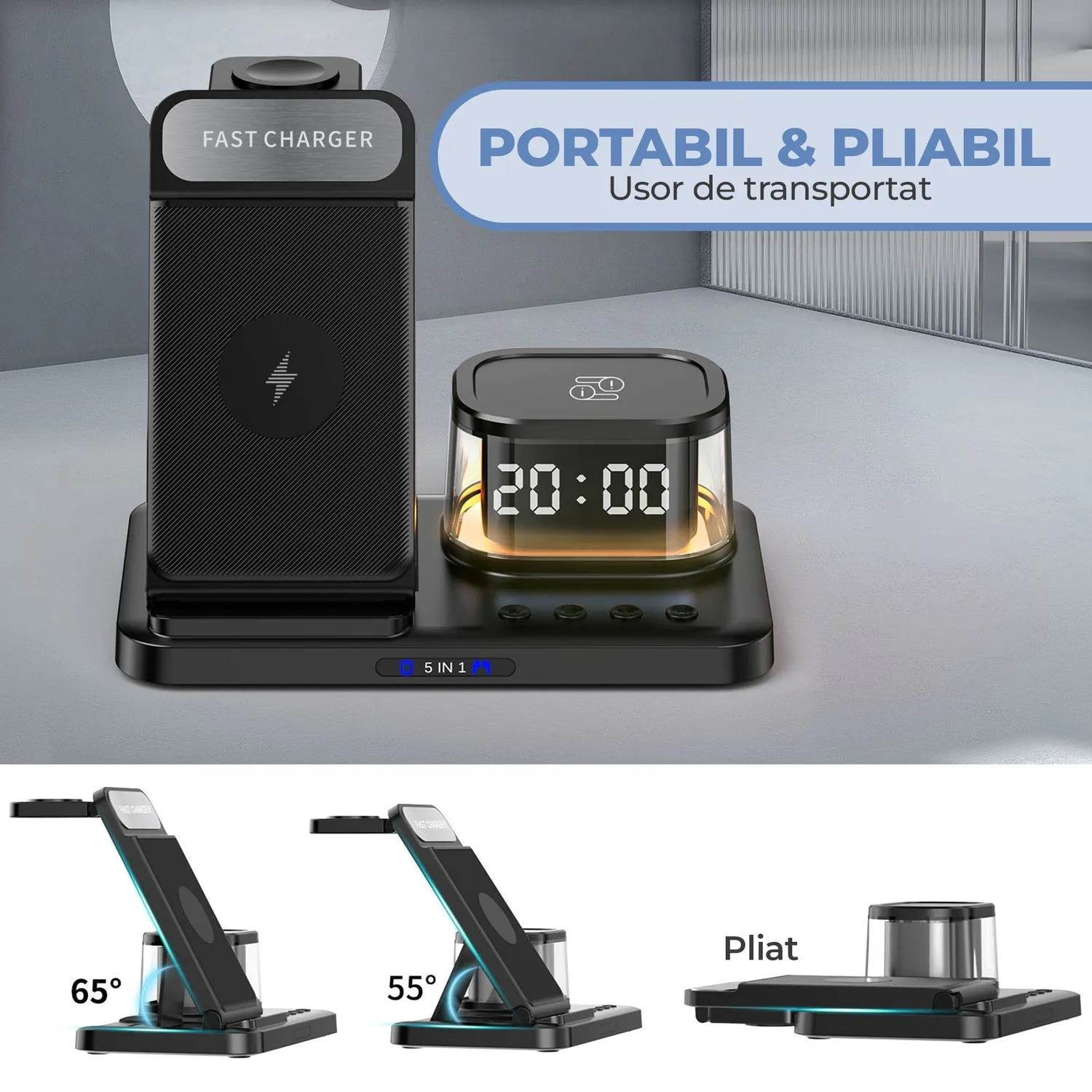 Timebox 5 in 1 15W incarcator wireless ceas negru