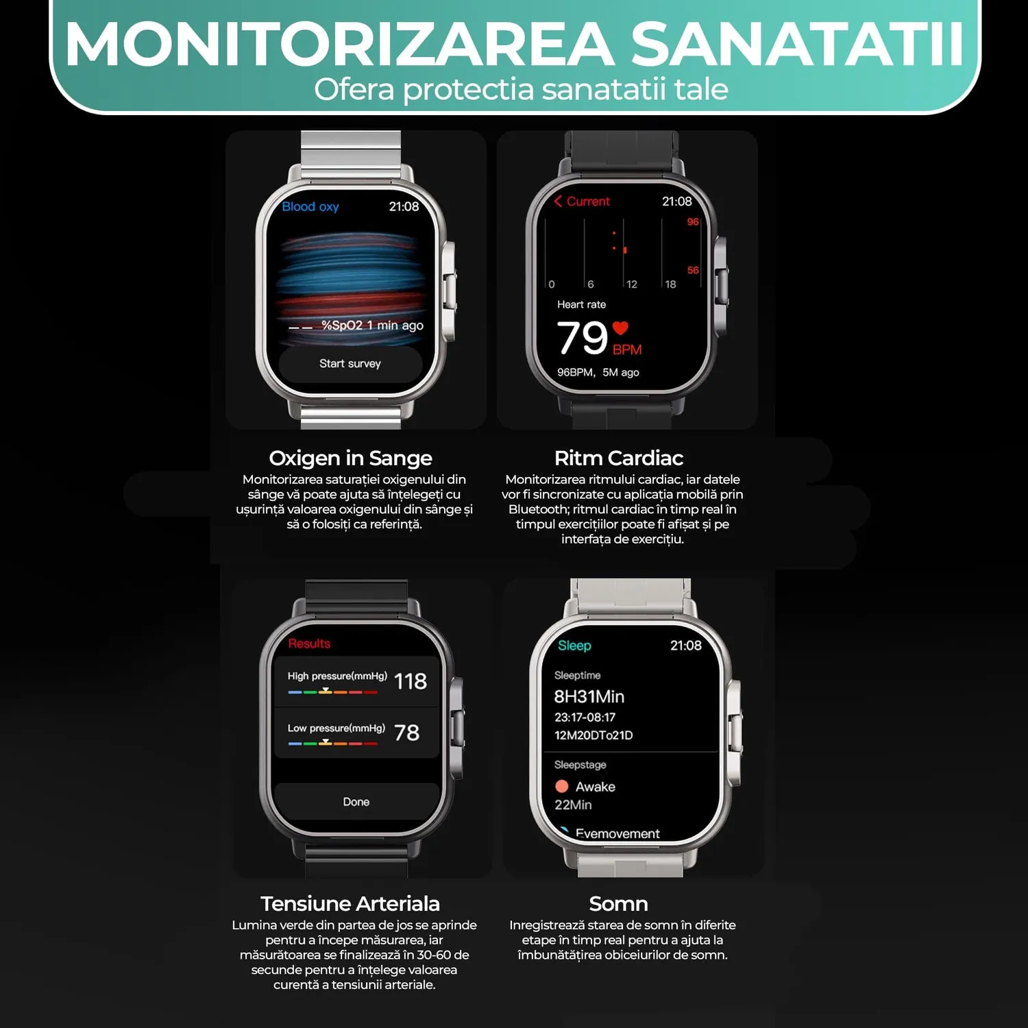 Timebox smartwatch cu casti Bluetooth monitor cardiac