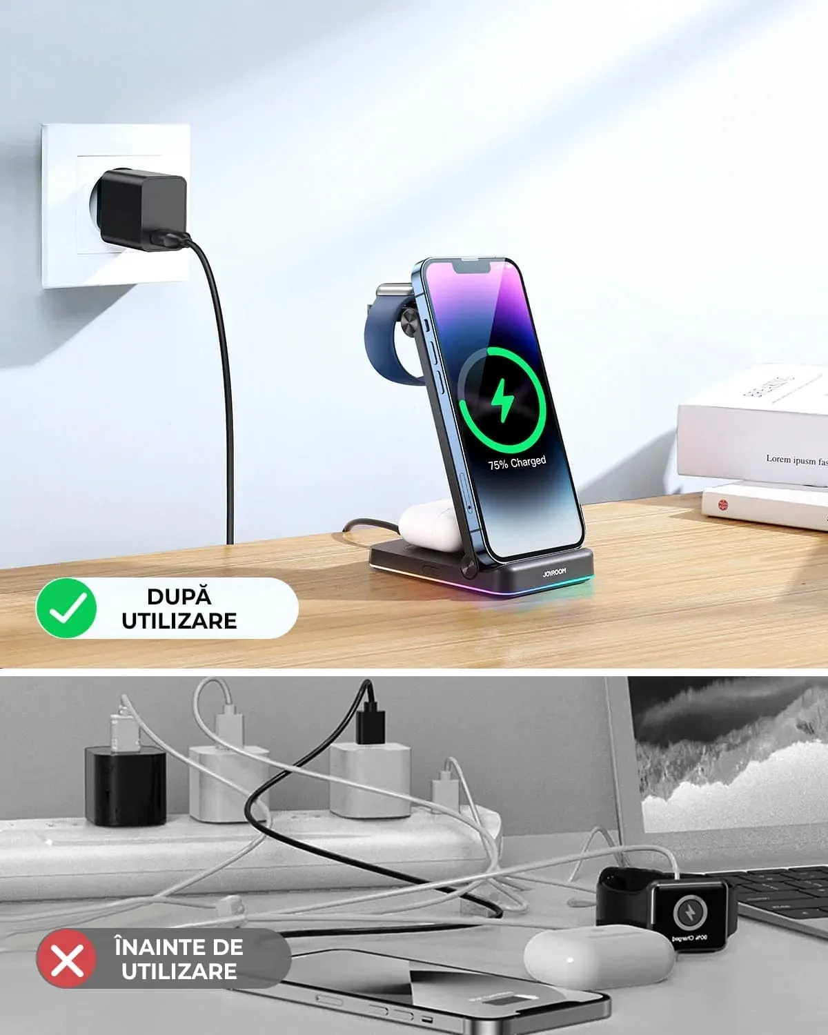 Timebox Incarcator Wireless 3in1 18W Pliabil RGB Negru