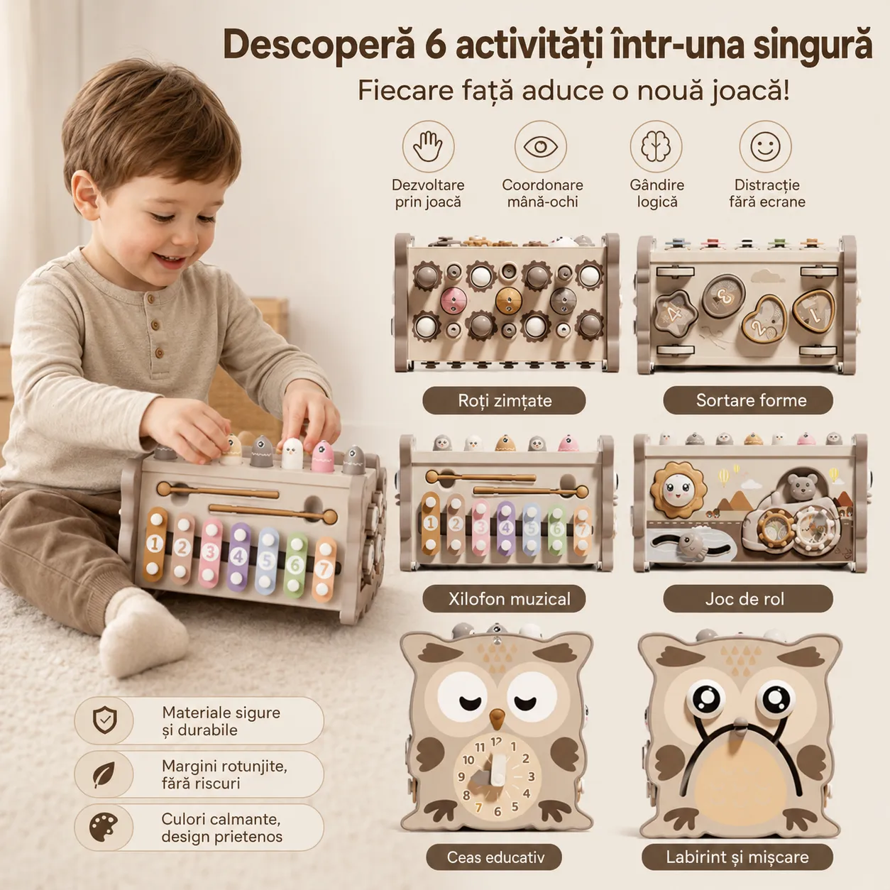 Timebox Cub Educativ 6 Fete Bufnita Crem 30+ activitati