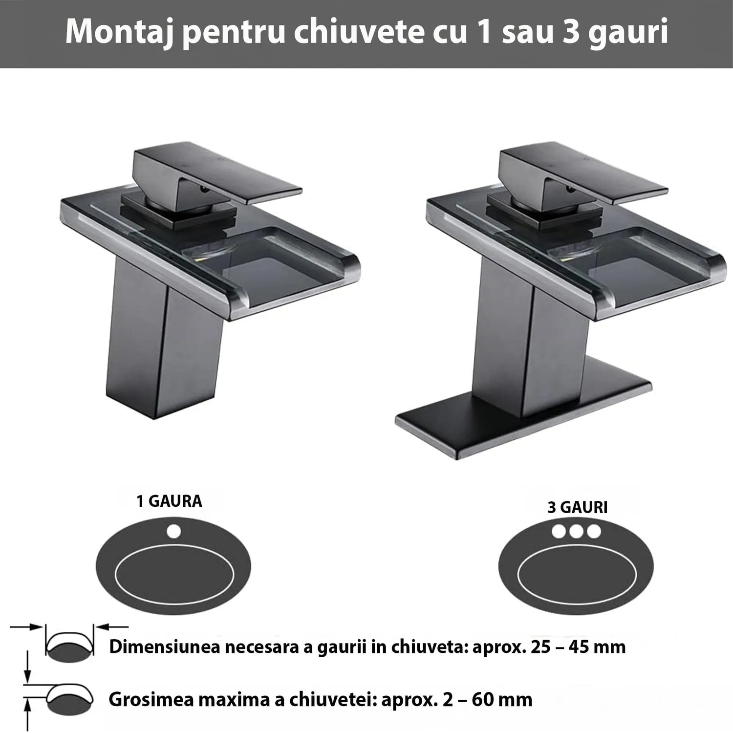 Baterie chiuveta Timebox cascada LED negru mat