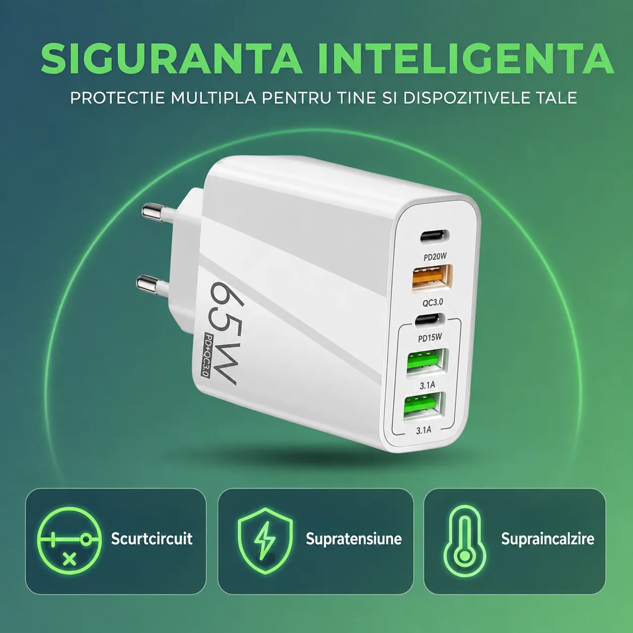 Timebox încărcător rețea 65W alb 5 porturi rapid