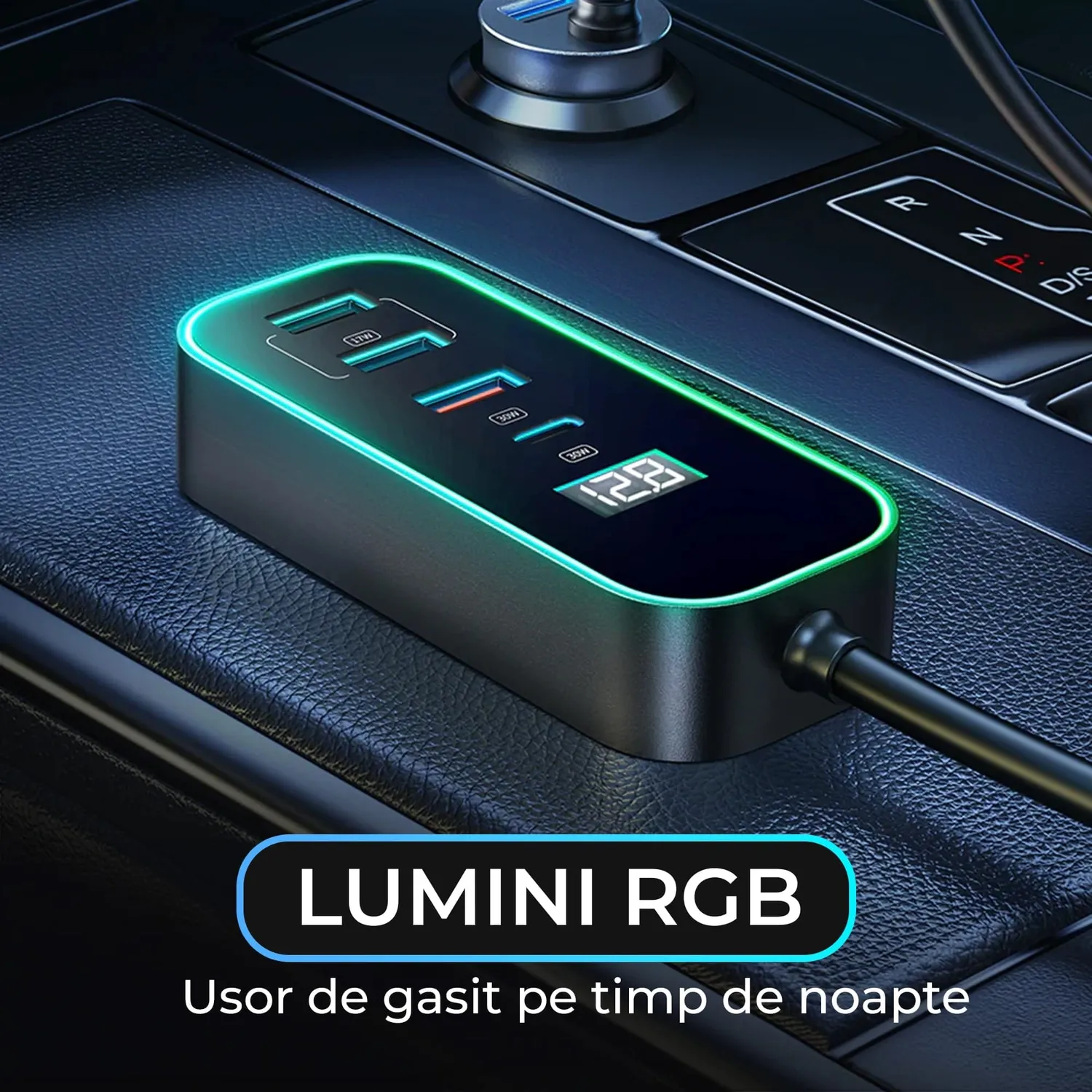 Timebox 107W incarcator auto negru 5 in 1 USB Type-C RGB