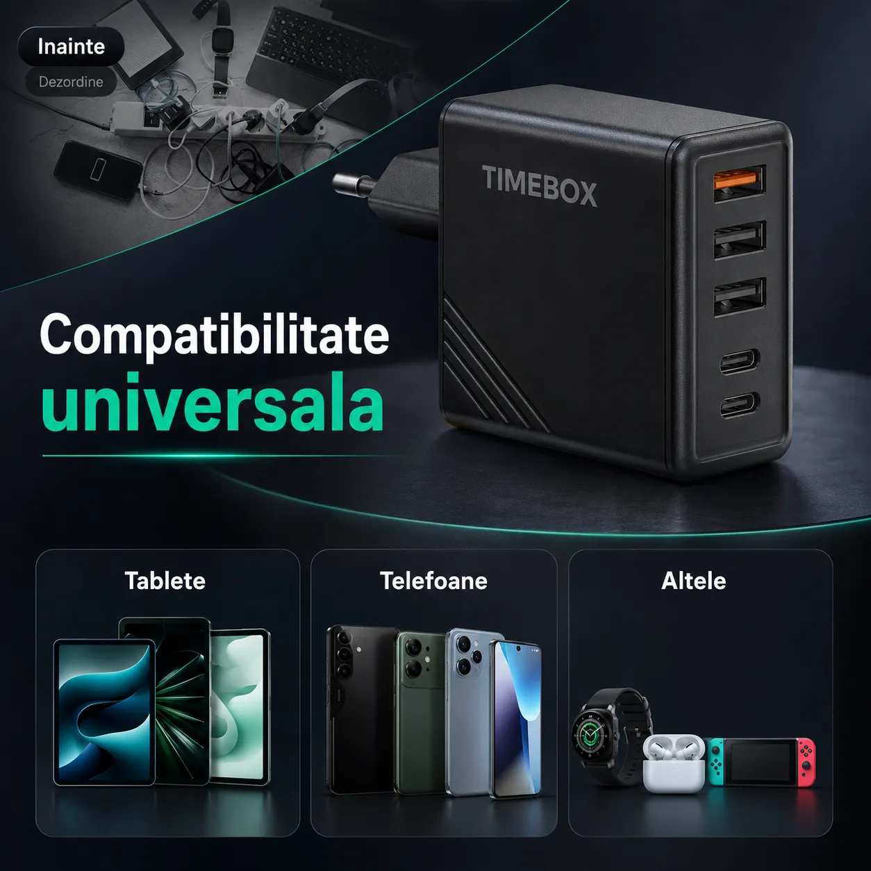 Incarcator retea Timebox 160W cu 6 porturi PD + QC3.0
