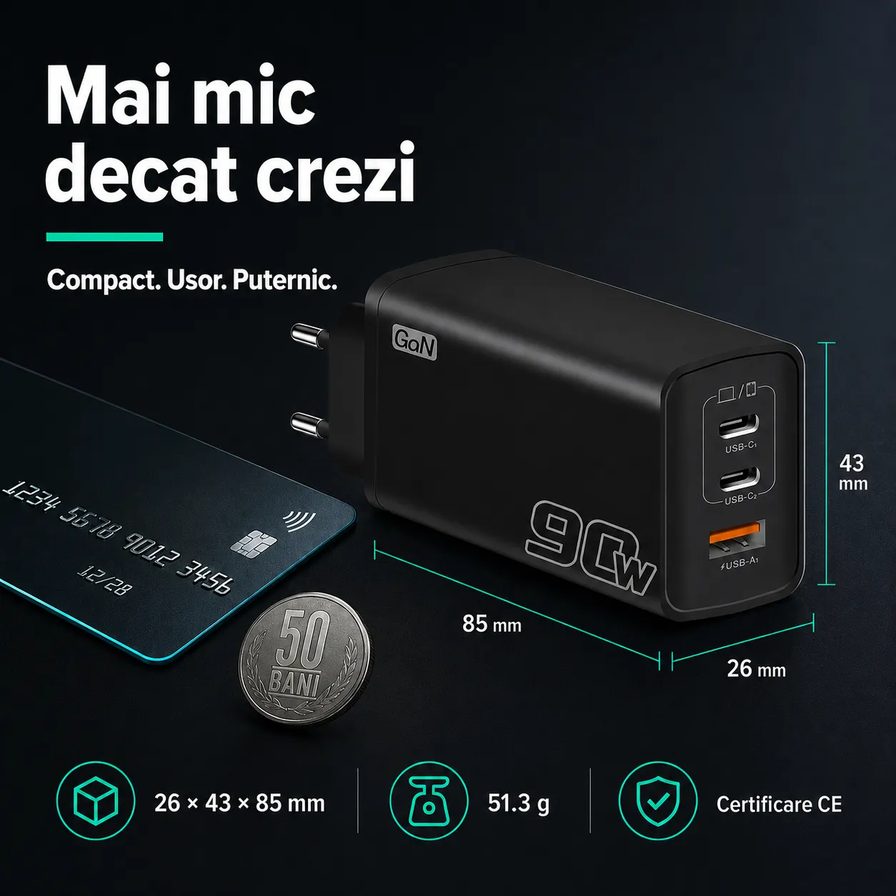 Incarcator retea Timebox 90W 3 porturi GaN fast charge