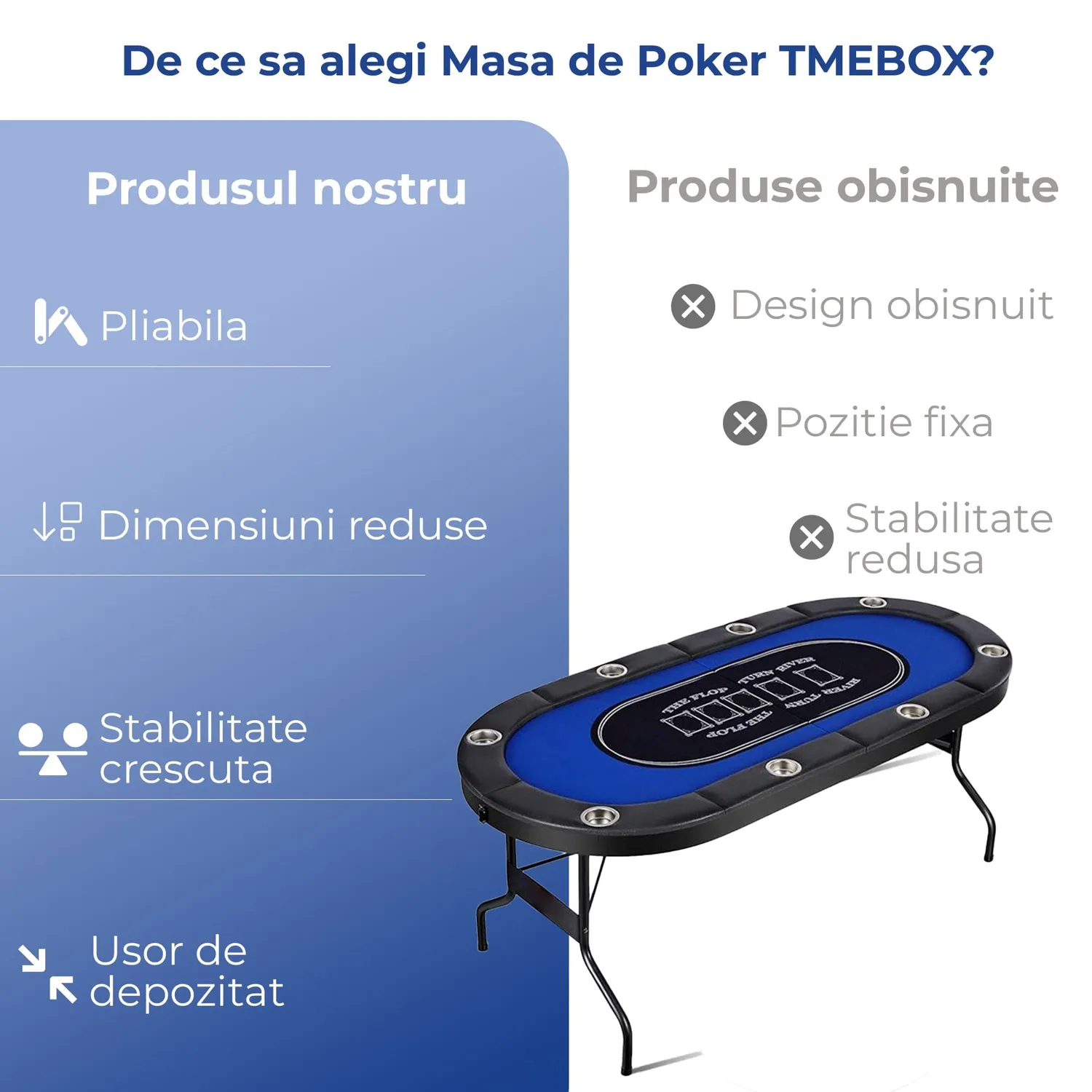 Timebox Masa Poker Pliabila 8 Jucatori Albastru