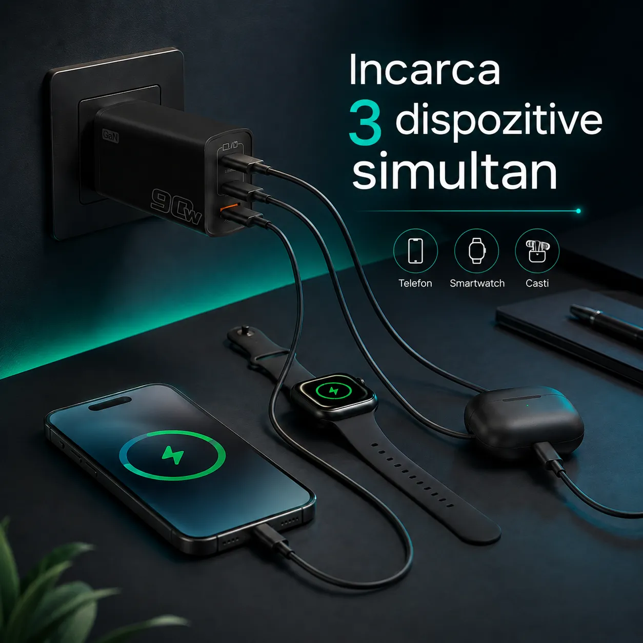 Incarcator retea Timebox 90W 3 porturi GaN fast charge