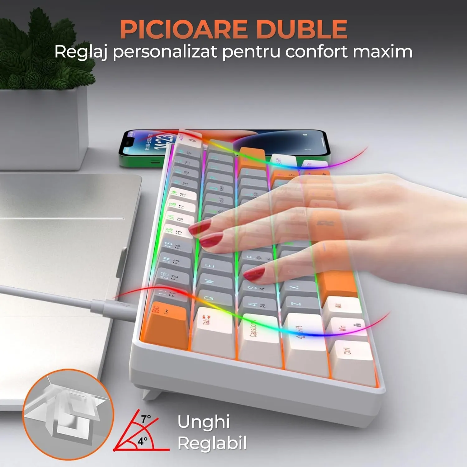 Tastatura gaming Timebox 60% Red Switch gri portocaliu