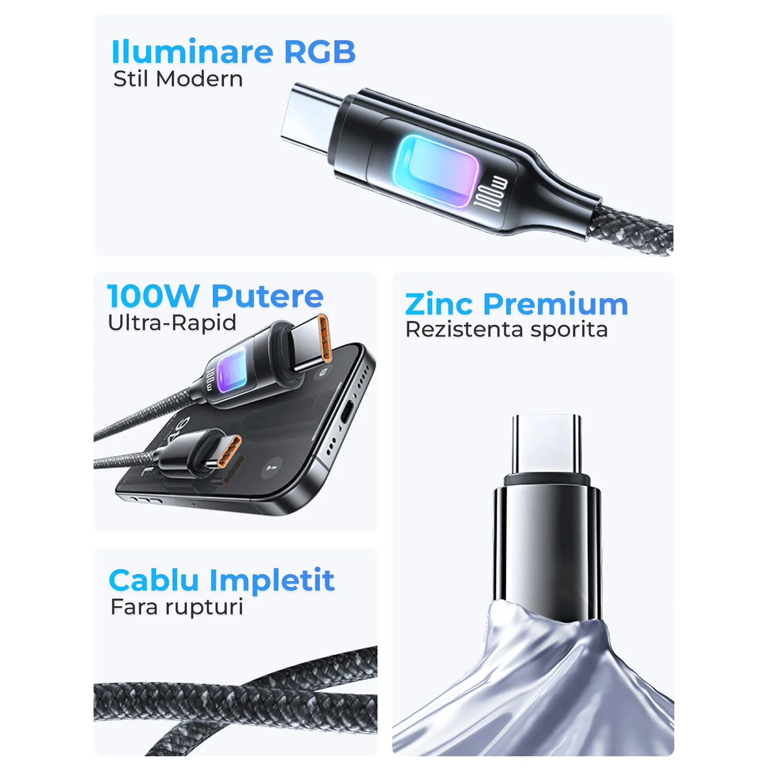 Timebox cablu USB-C 100W 1,2m negru RGB