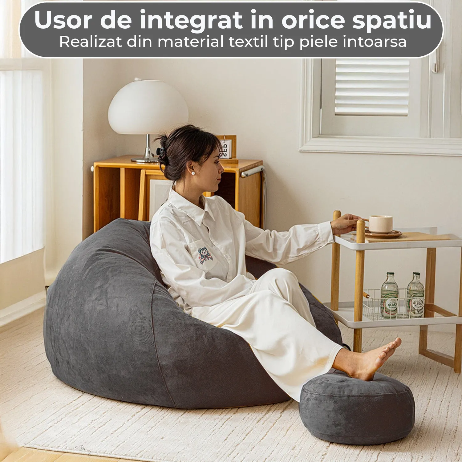 Timebox Bean Bag fotoliu puf gri impermeabil cu suport