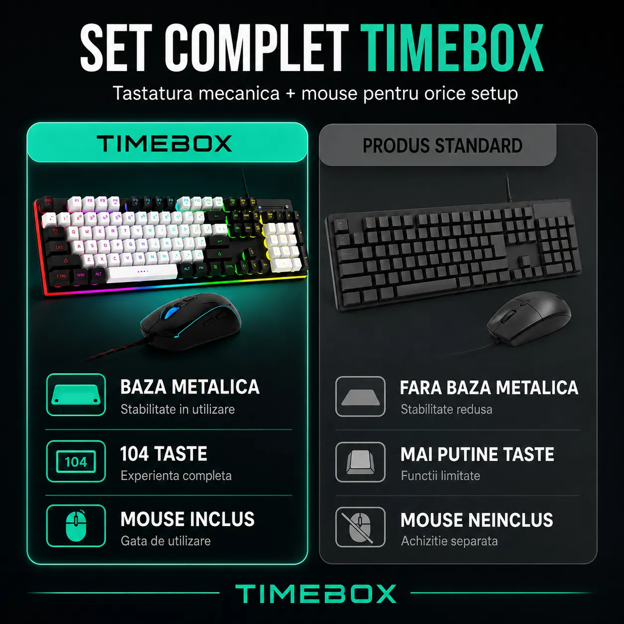 Timebox 104 kit tastatura + mouse gaming RGB negru silentios