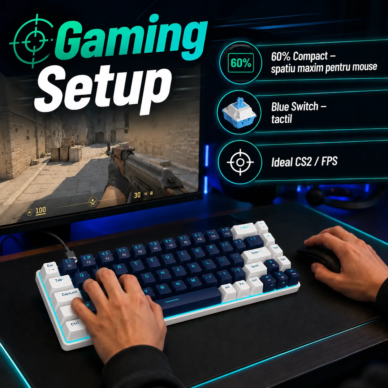 Timebox tastatură mecanică gaming 60% blue switch albastră