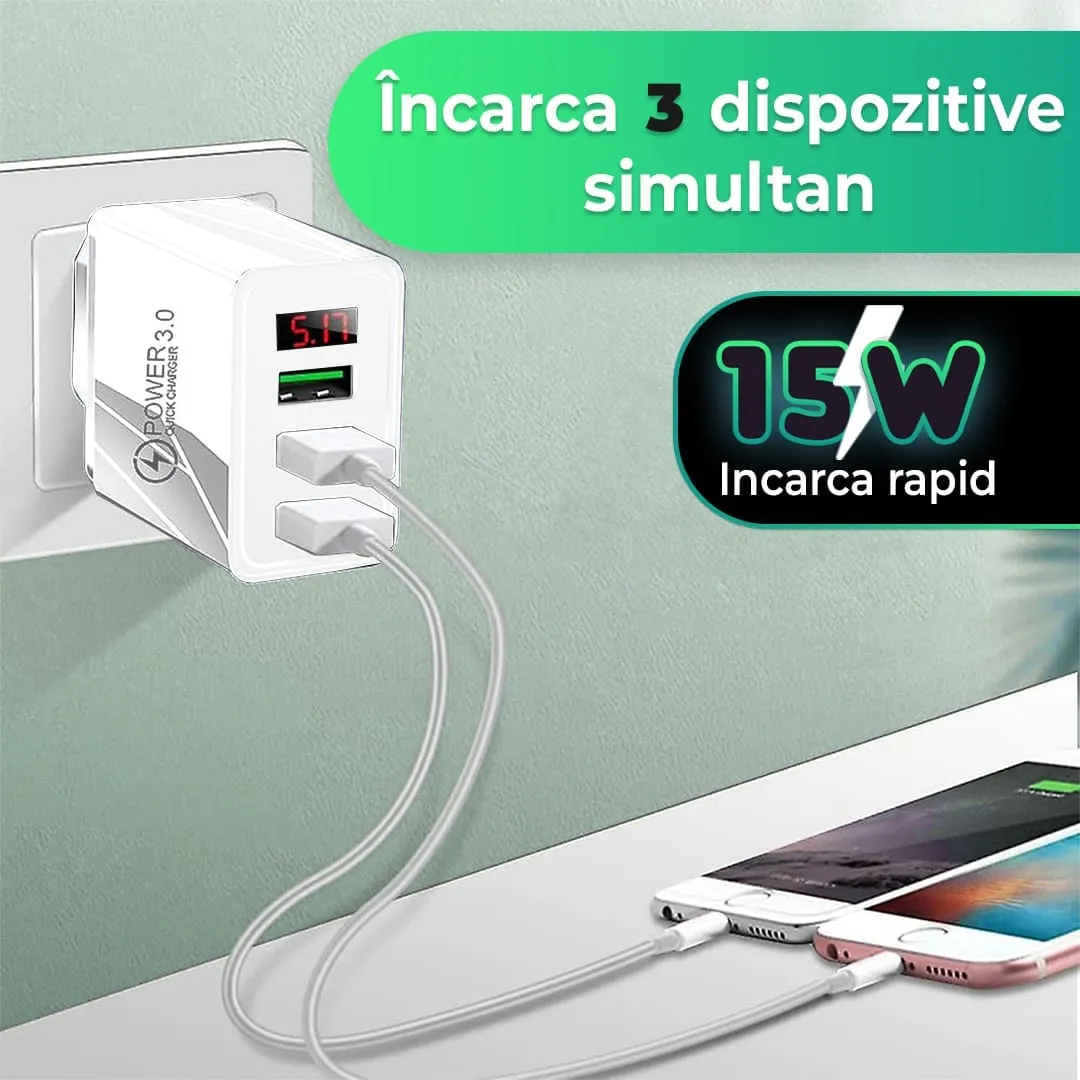 Timebox Incarcator Retea 15W 3 Porturi USB Alb