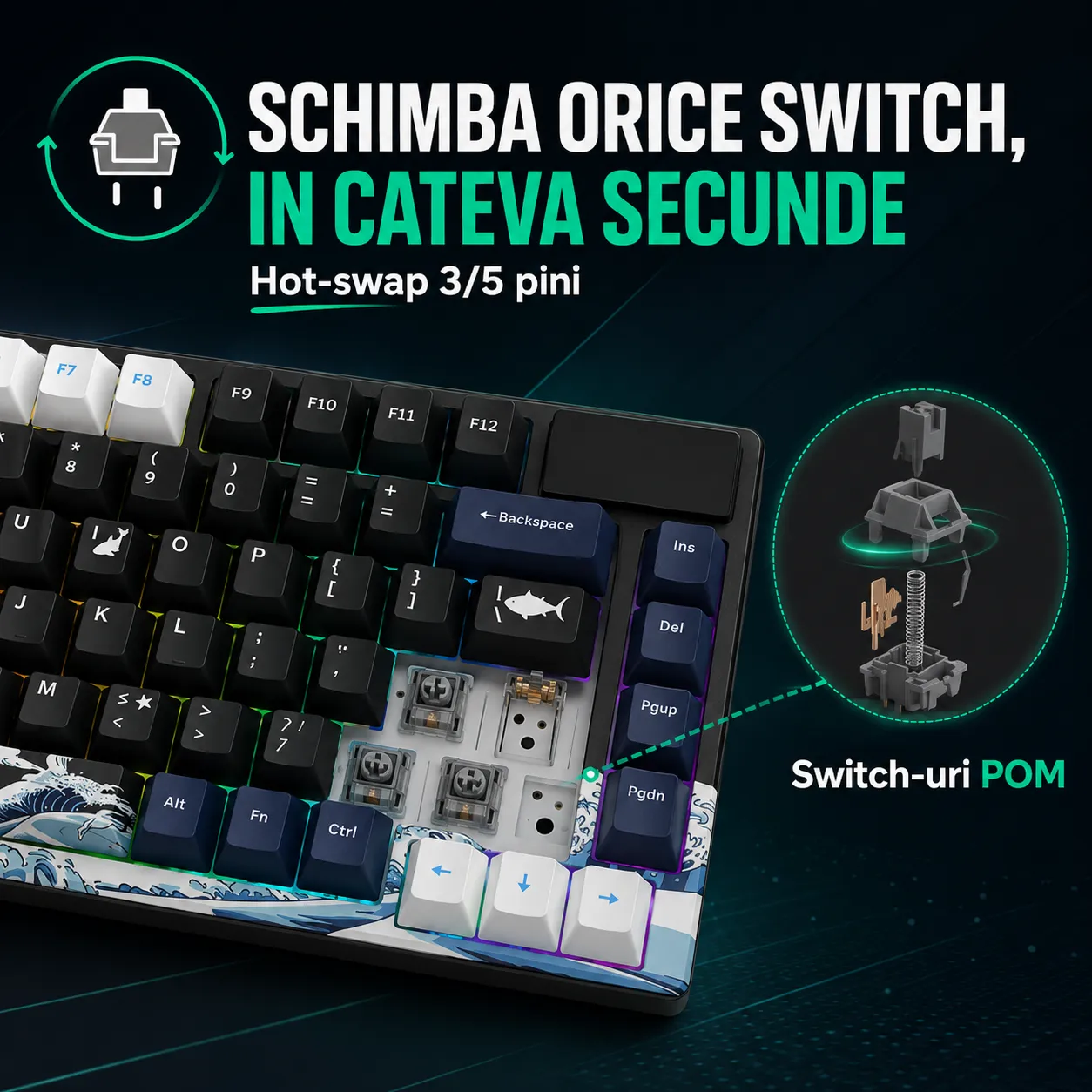 Timebox 75% tastatură gaming mecanică neagră hot-swap