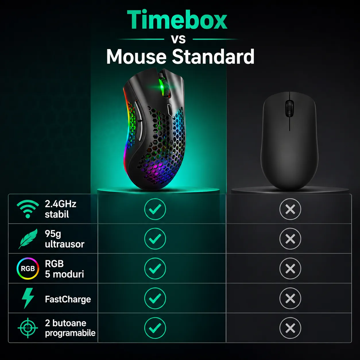 Timebox mouse gaming wireless 95g RGB negru FastCharge