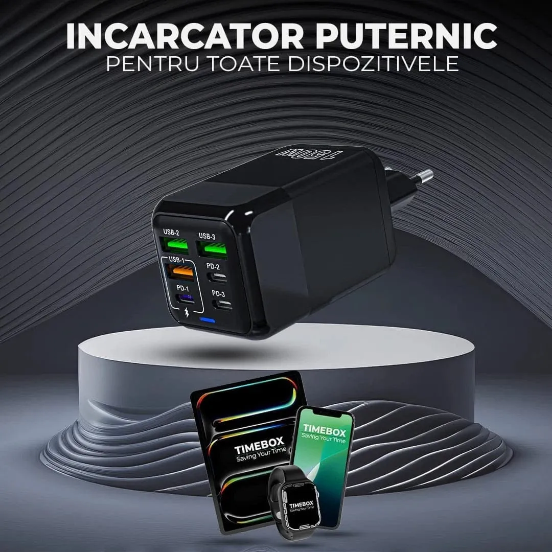 Timebox incarcator retea 150W 6 porturi alb Type-C USB-A