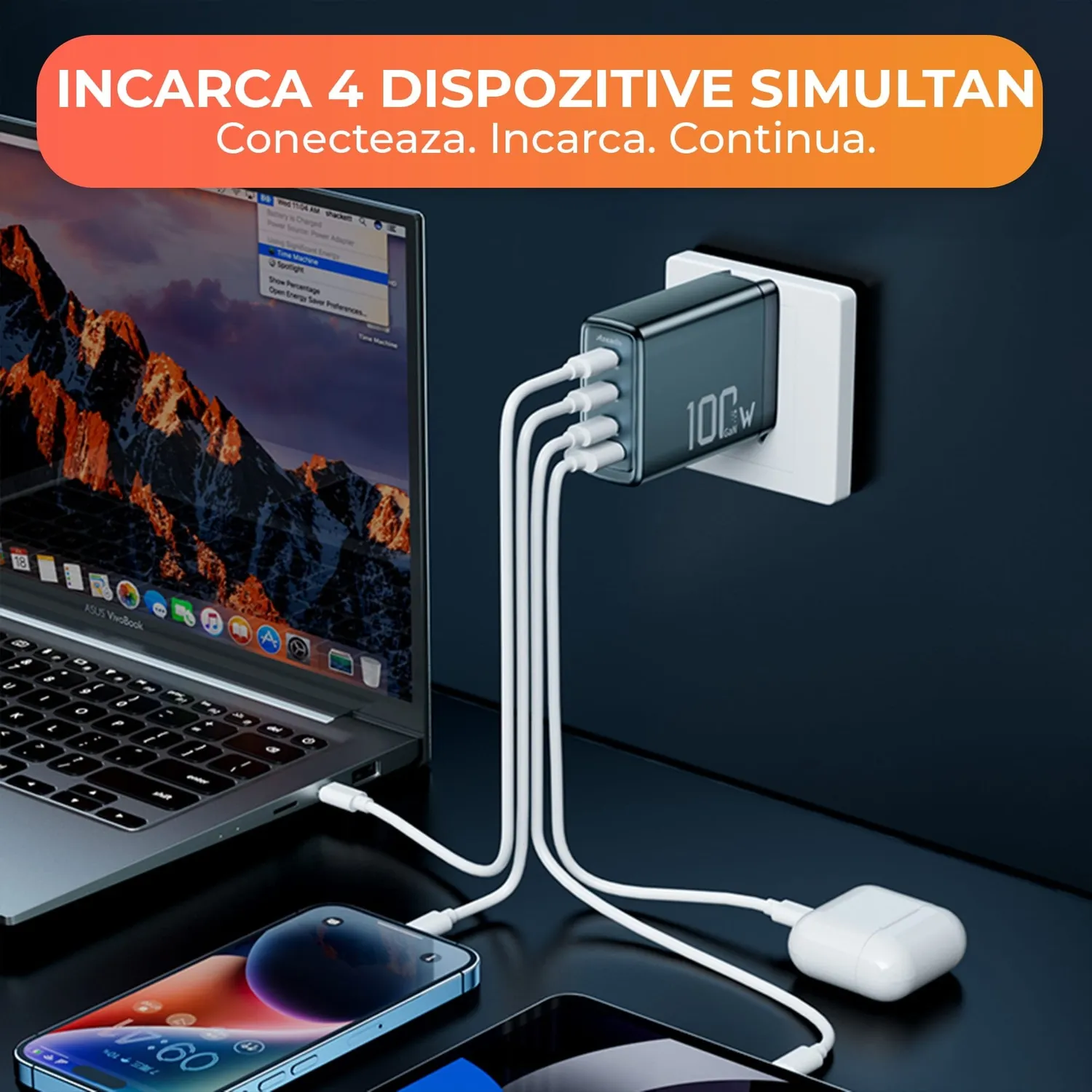 Timebox Încărcător Rețea 100W 4 Porturi Albastru