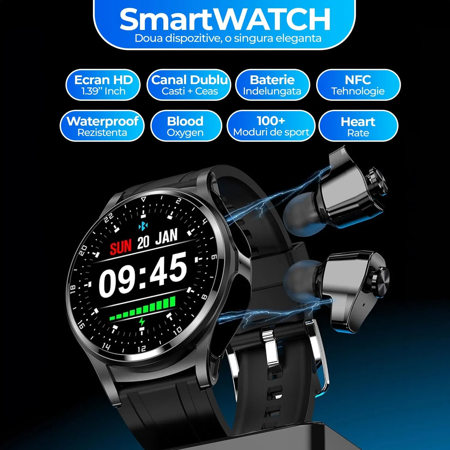 Timebox Smartwatch cu Casti Bluetooth NFC Fitness