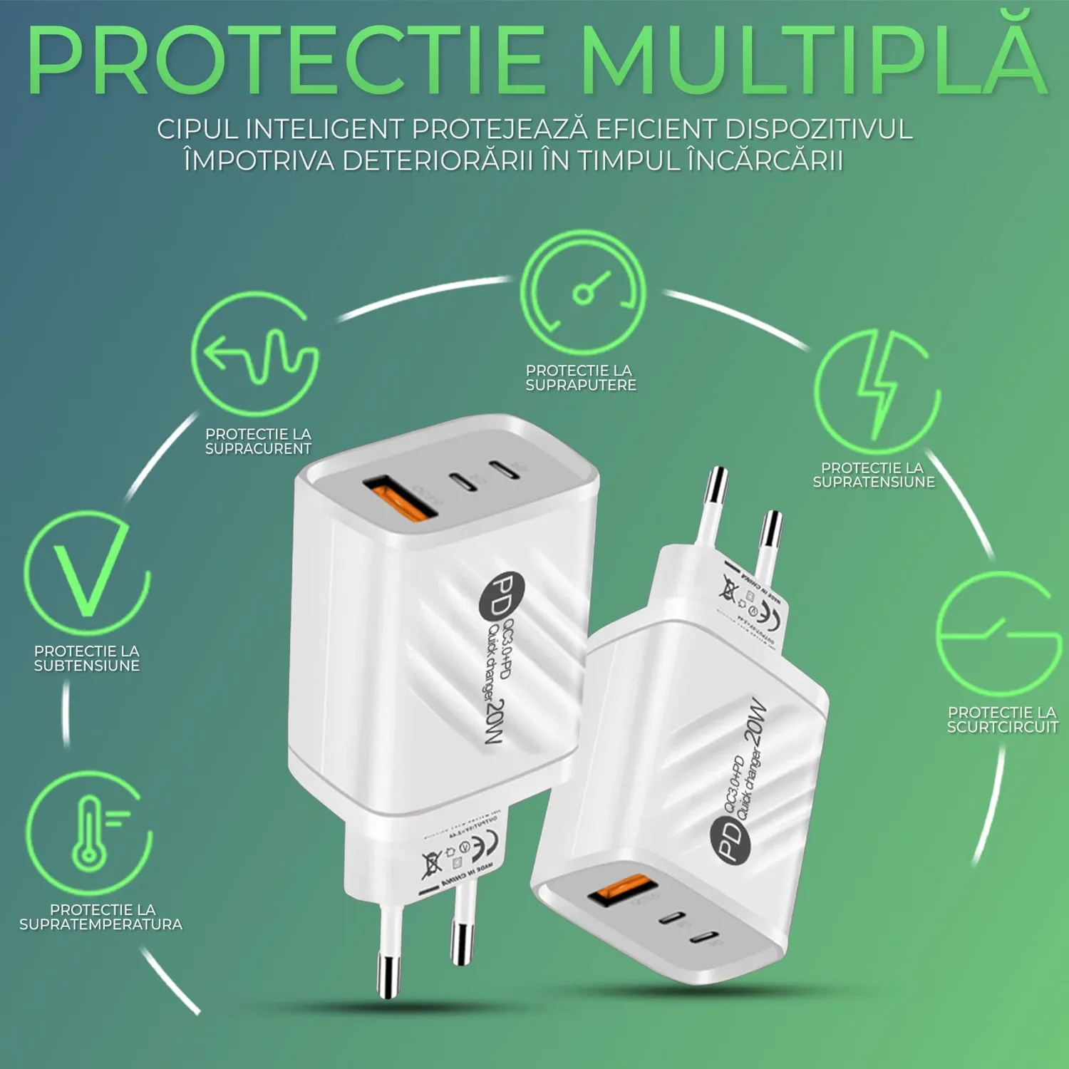 Timebox Incarcator Retea 20W 3 Porturi Alb Fast Charge LED