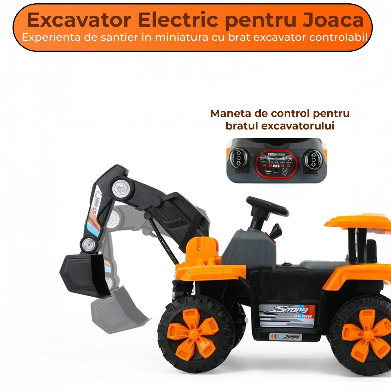 Timebox excavator electric copii portocaliu off-road brat