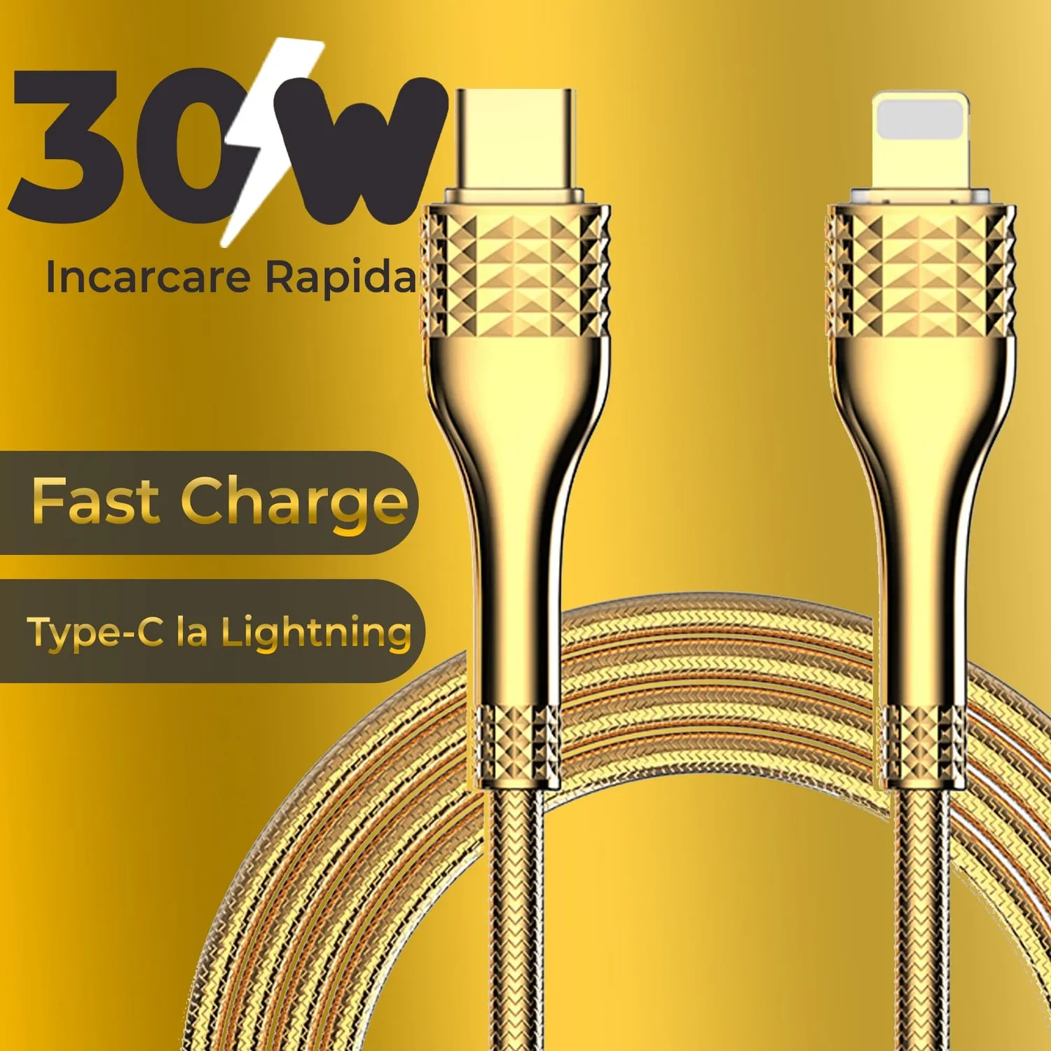 Timebox 30W cablu incarcare USB-C Lightning auriu 1m