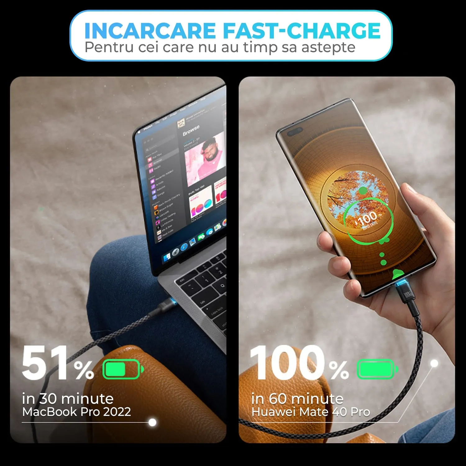Timebox 100W 2m cablu USB-C negru cu LED