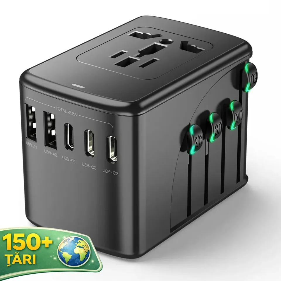Timebox Adaptor Universal Priza Voiaj 5 Porturi Negru