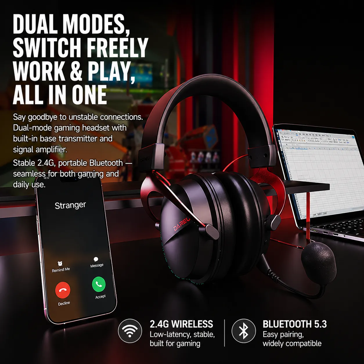 Dareu A3 Max casti gaming wireless negru 100 ore