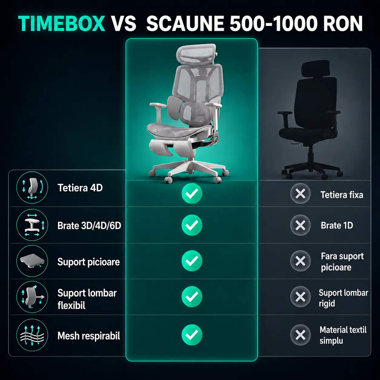 Timebox scaun ergonomic mesh gri tetieră 4D