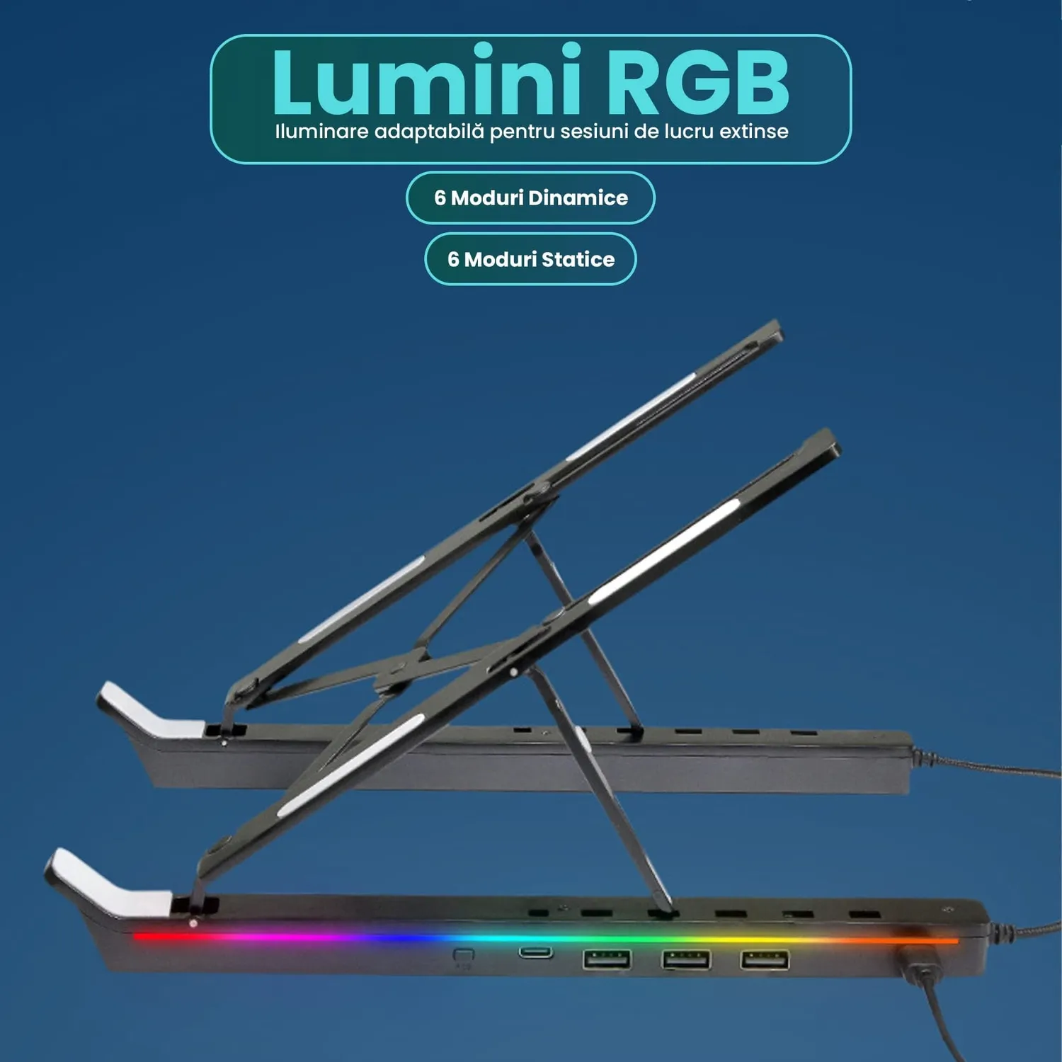 Timebox suport laptop 12-18" hub USB negru RGB