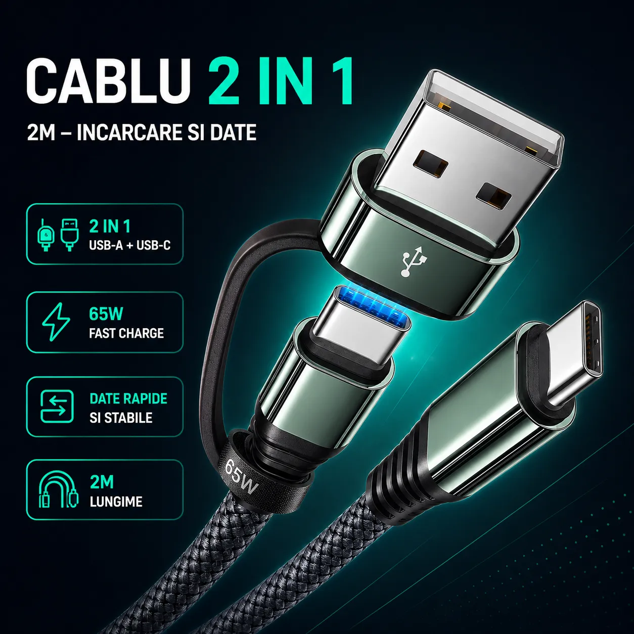Timebox 2 in 1 cablu USB-C 65W negru 2m nylon
