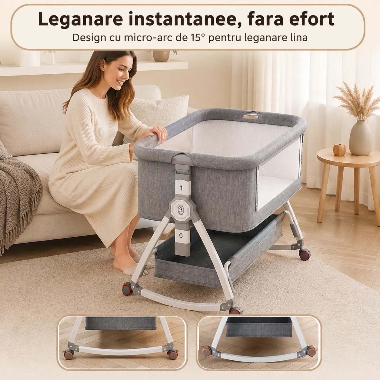 Timebox patut portabil bebelusi co-sleeper gri reglabil