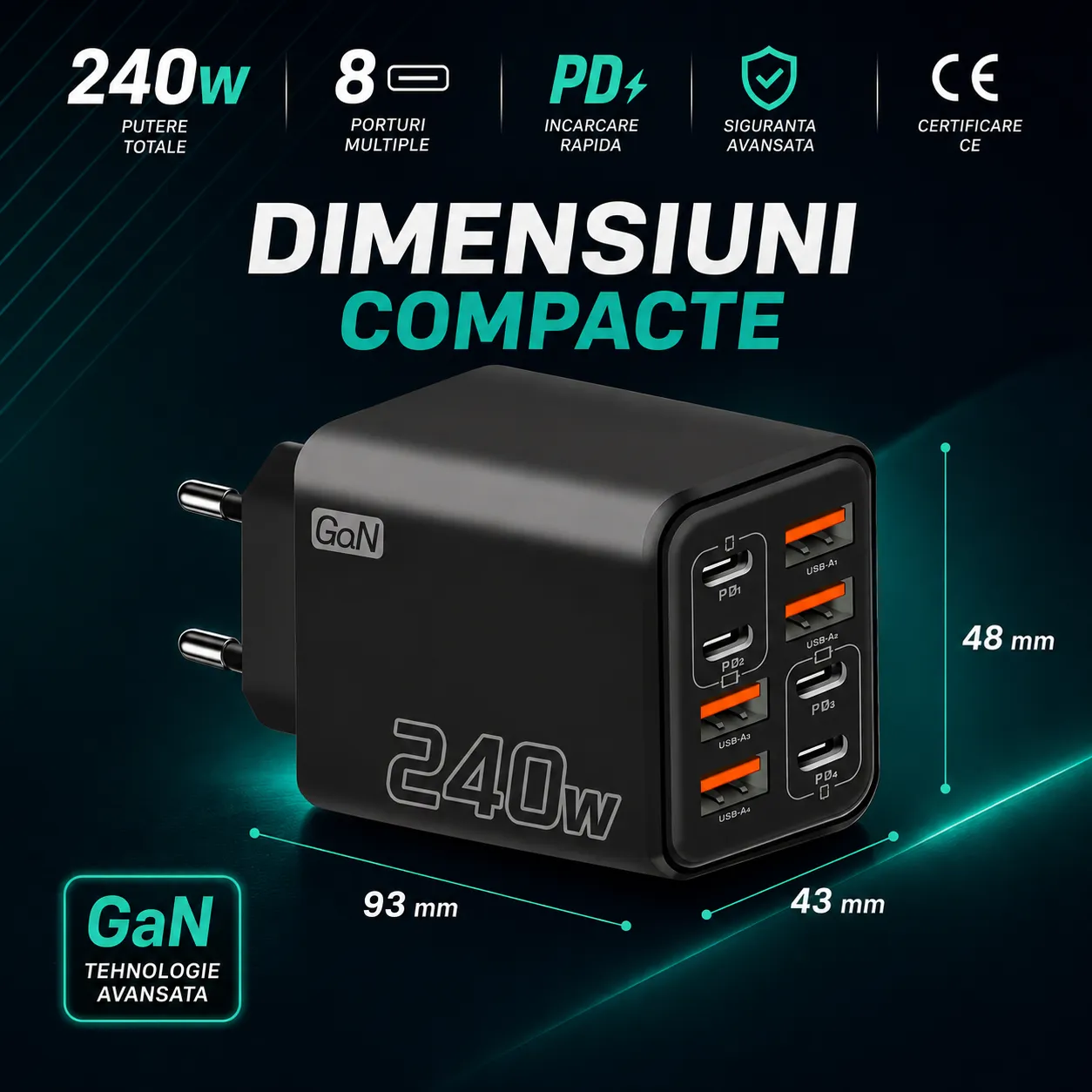Timebox 240W incarcator GaN 8 porturi USB-C USB-A