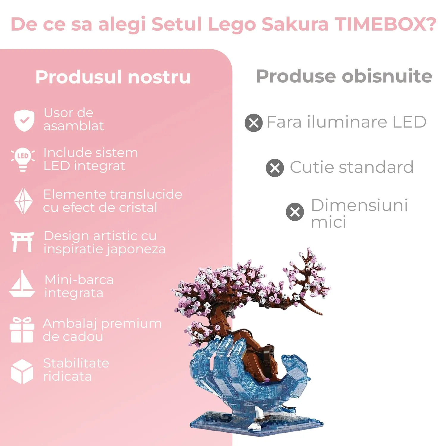 Set construcție 3D Timebox Cherry Blossom LED 1071 piese