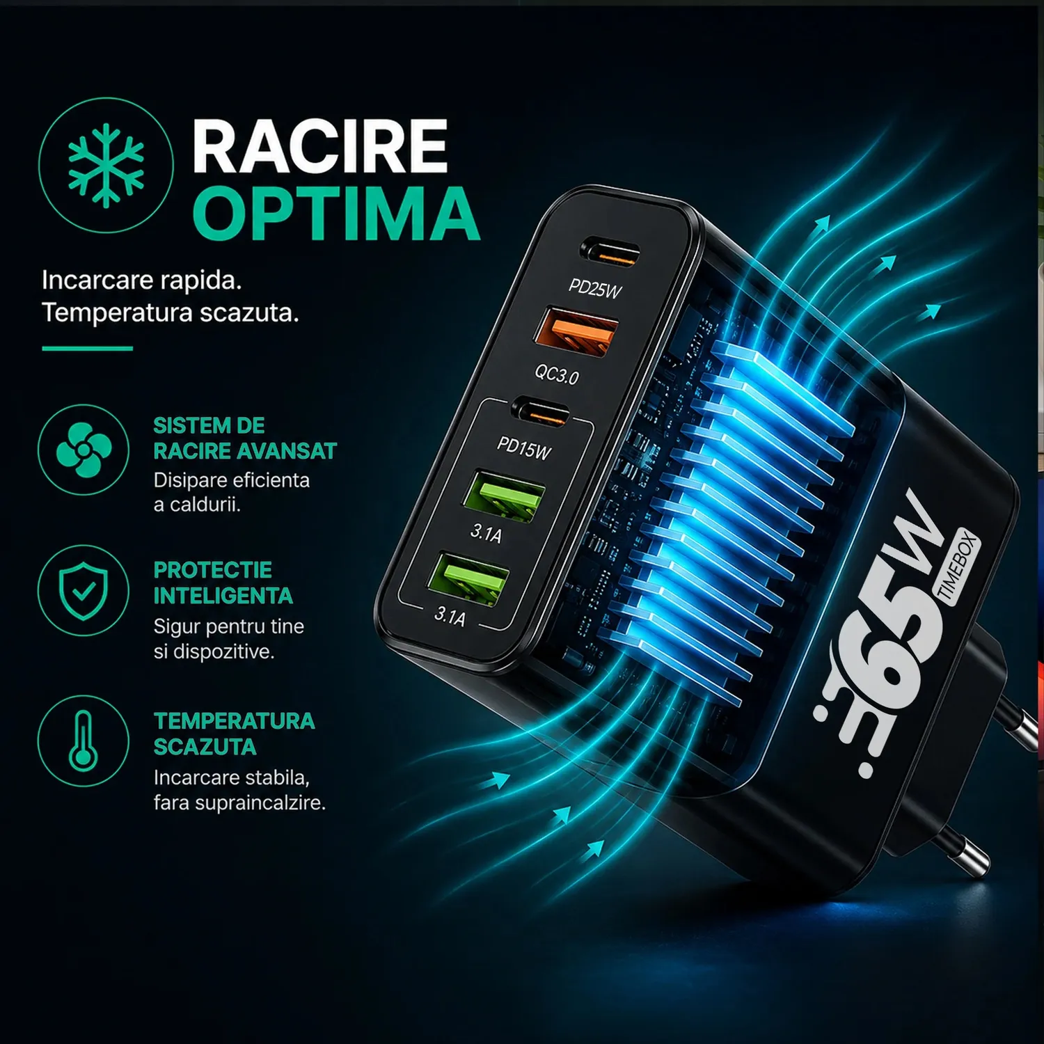 Timebox Incarcator priza 65W 5 porturi negru fast charge