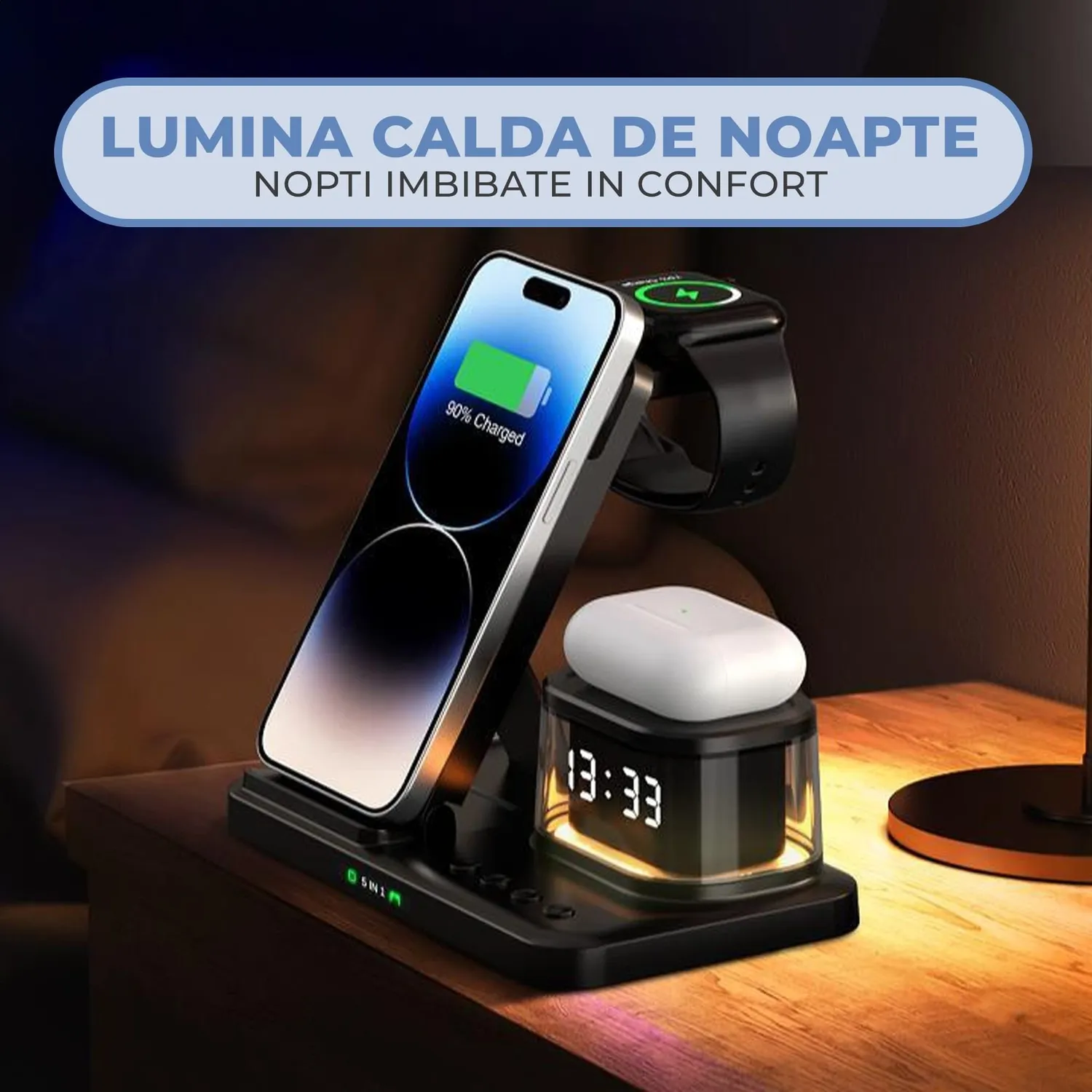 Timebox 5 in 1 15W incarcator wireless ceas negru