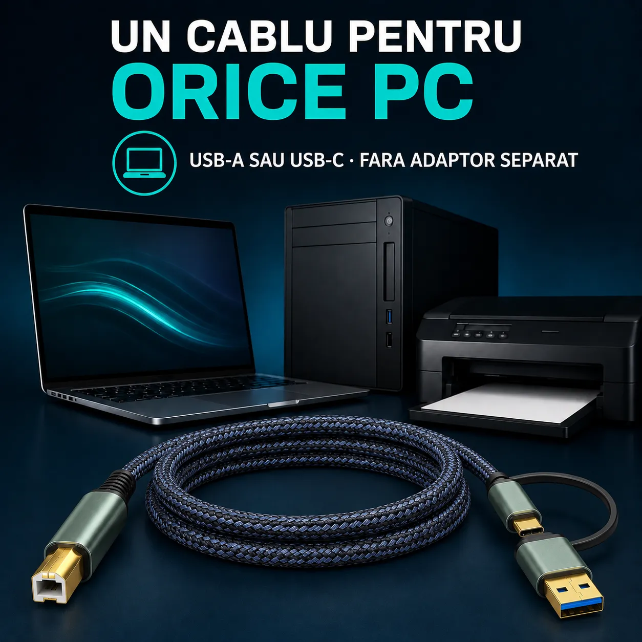 Timebox Cablu Imprimanta USB/USB-C la USB-B 2m Gri