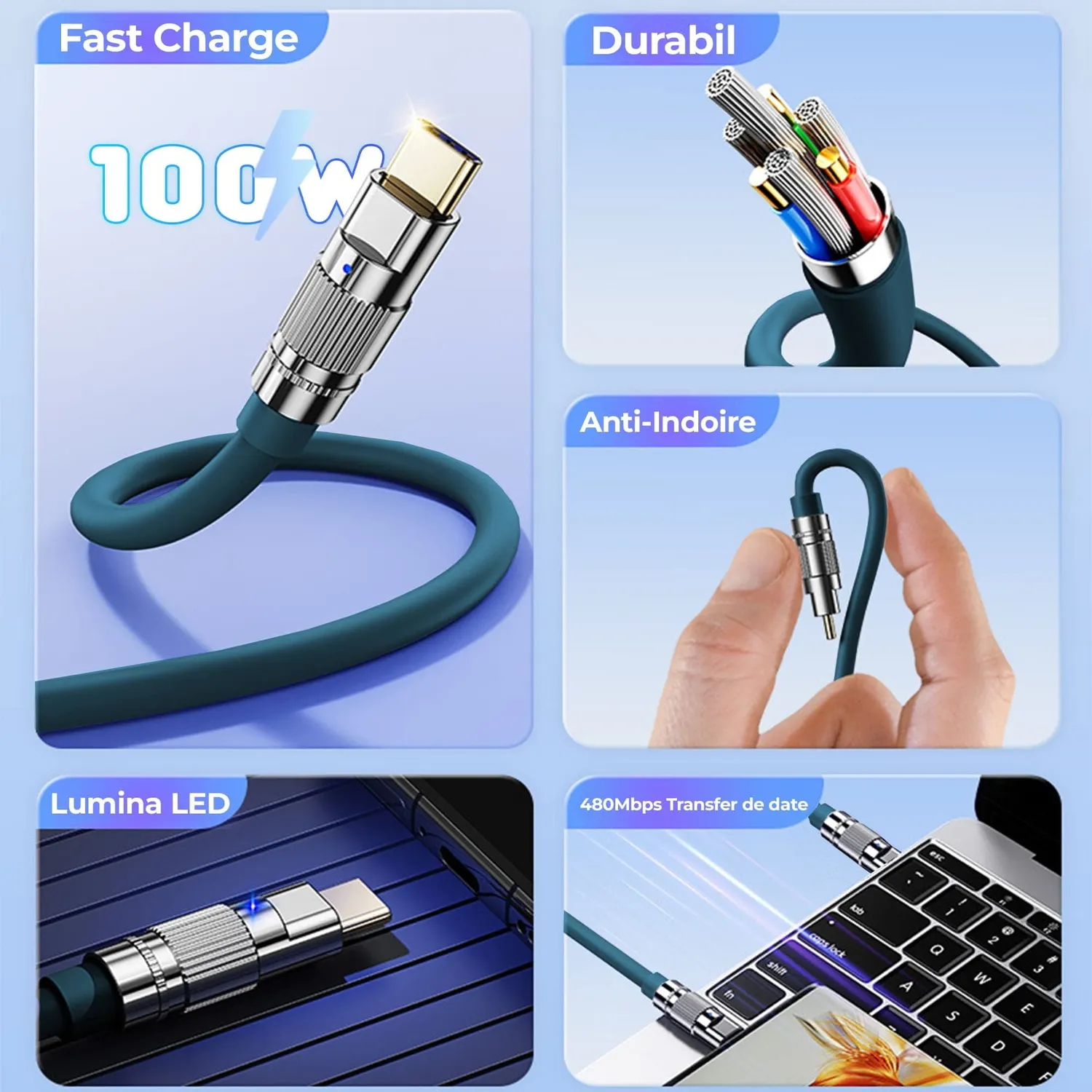 Timebox 100W cablu USB-C albastru 1,2m LED