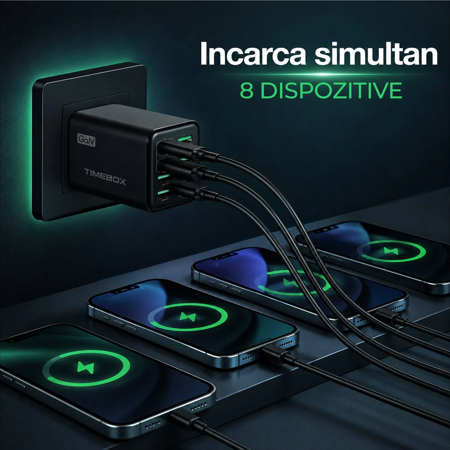 Timebox 240W incarcator GaN 8 porturi USB-C USB-A
