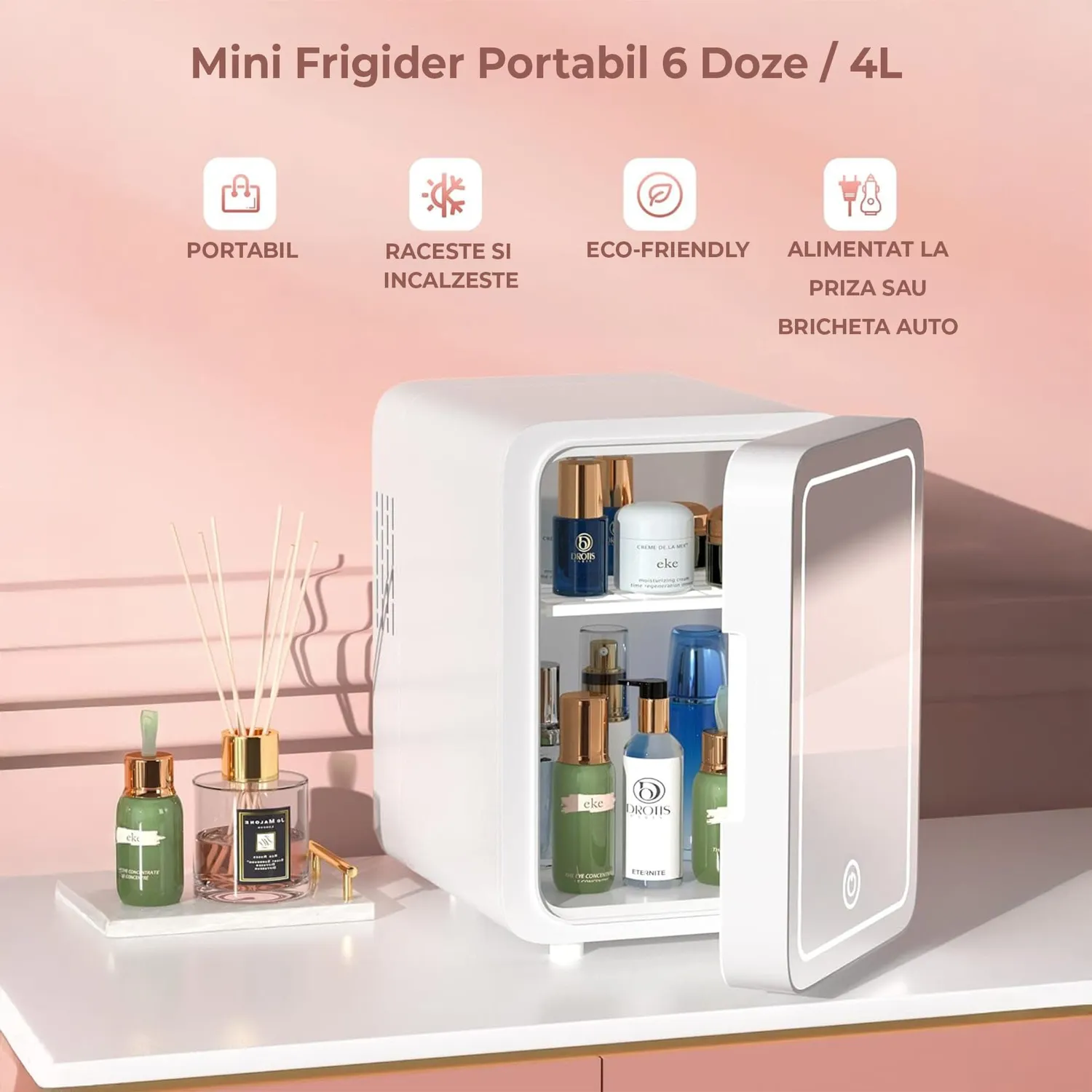 Timebox Mini Frigider Cosmetice 4L cu Oglinda LED Alb