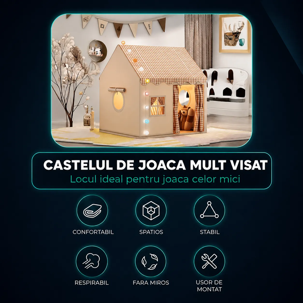Timebox Căsuță joacă copii pliabilă bej 120cm lumini