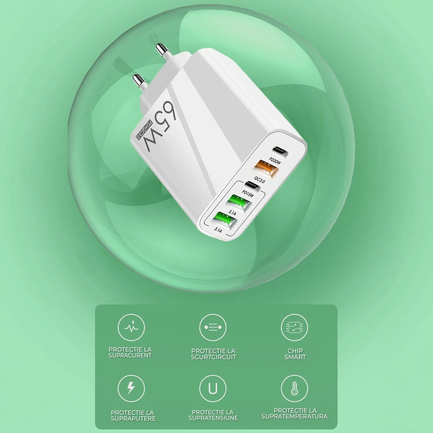 Timebox 65W 5 porturi încărcător rețea alb rapid