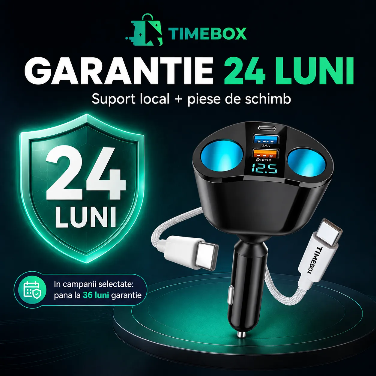 Timebox 120W pachet auto Type-C USB-C 1m alb