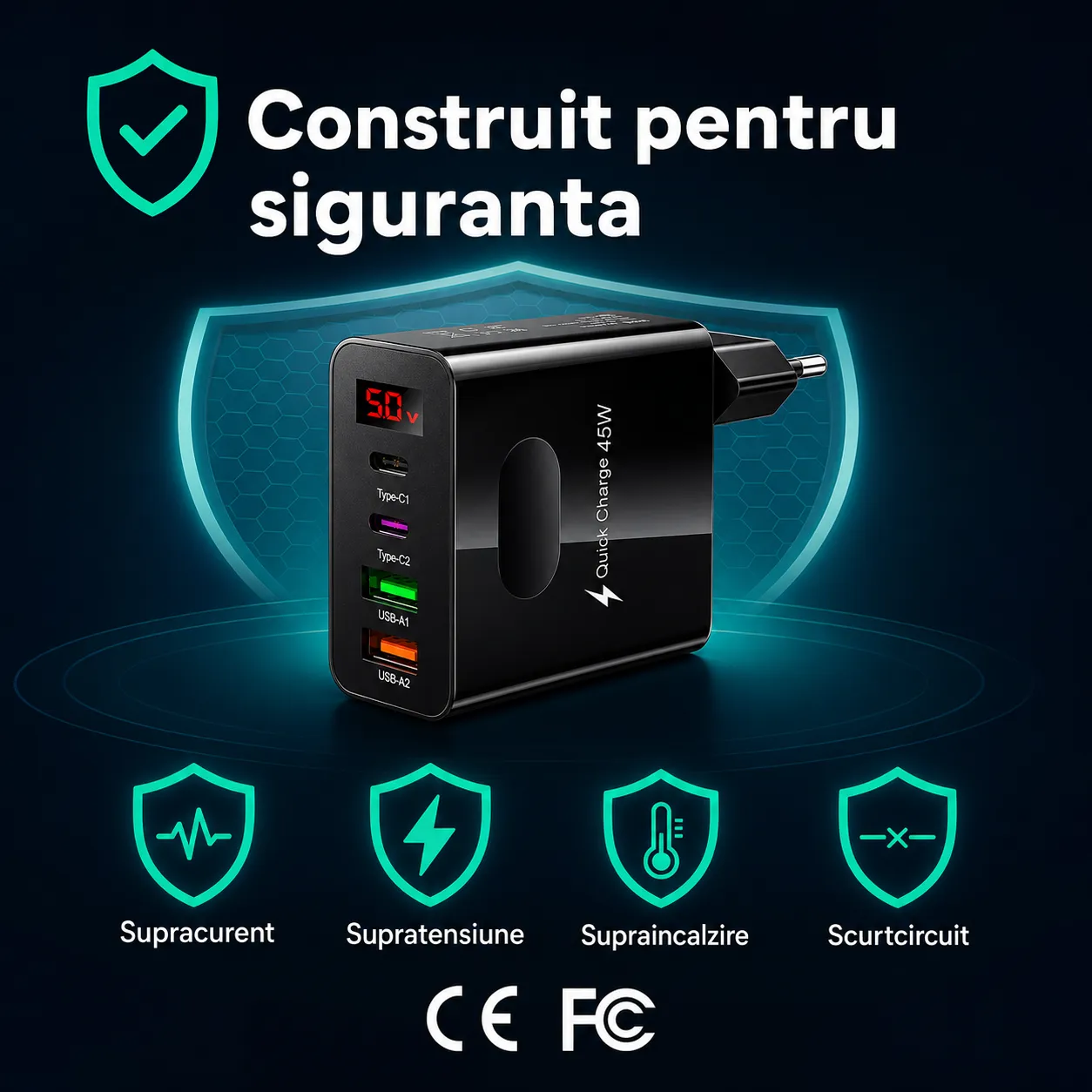 Timebox 45W incarcator retea 4 porturi negru display
